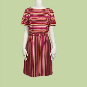 Size 4 Vintage Multicolor Stripe Short Sleeve Belted Day Dress Belted Waist